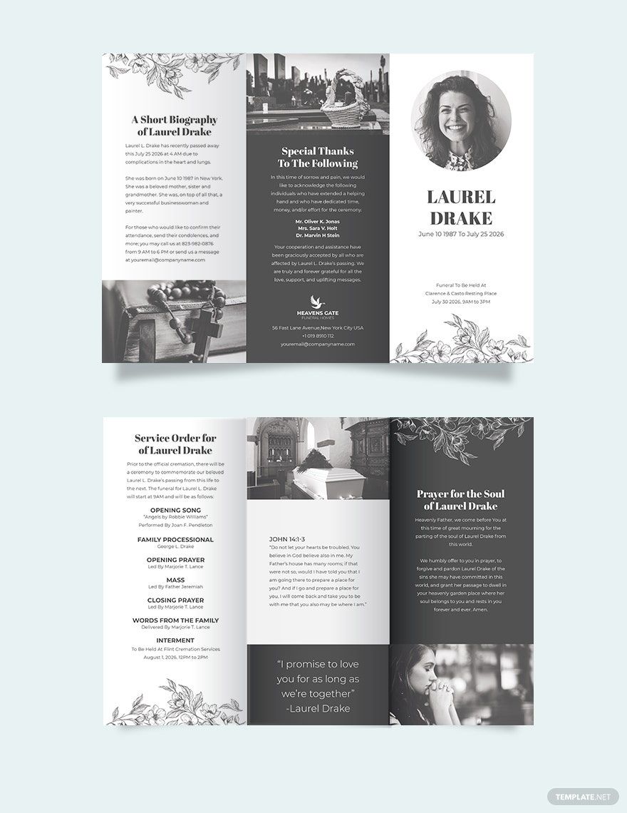 Free Eulogy Booklet Funeral Tri-Fold Brochure Template in Word, Google Docs, Illustrator, PSD, Apple Pages, Publisher, InDesign