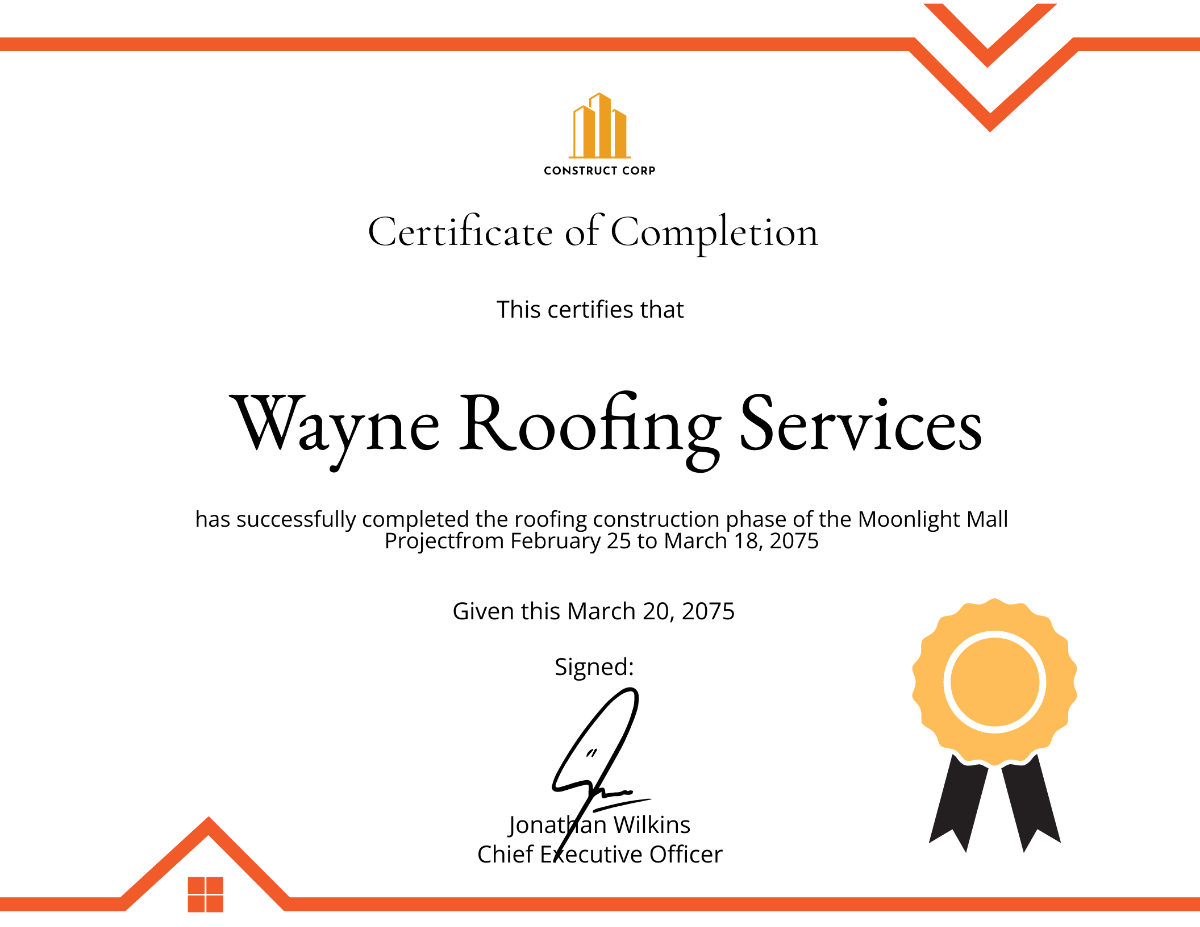 Roofing Construction Certificate Template