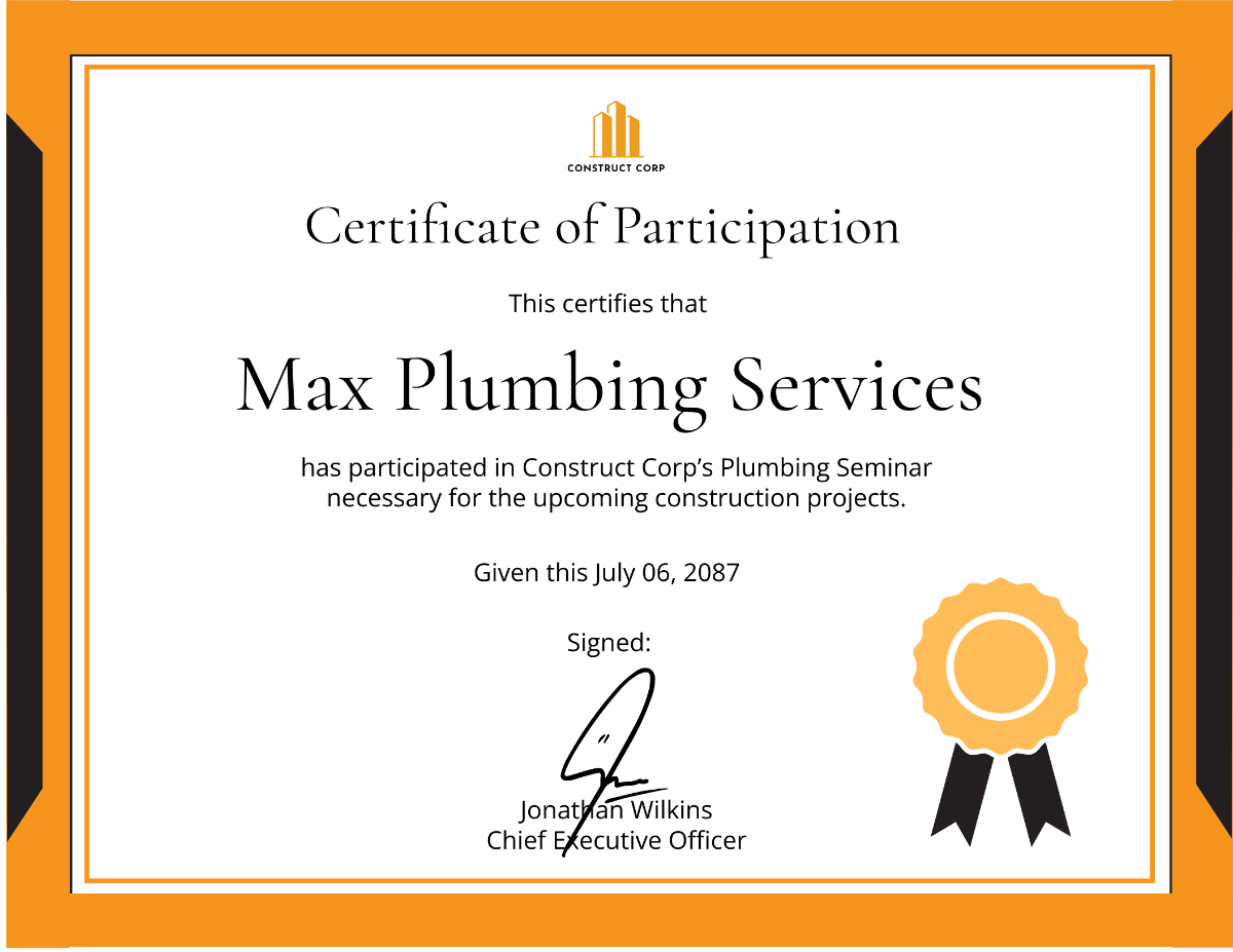 Plumbing Construction Certificate Template