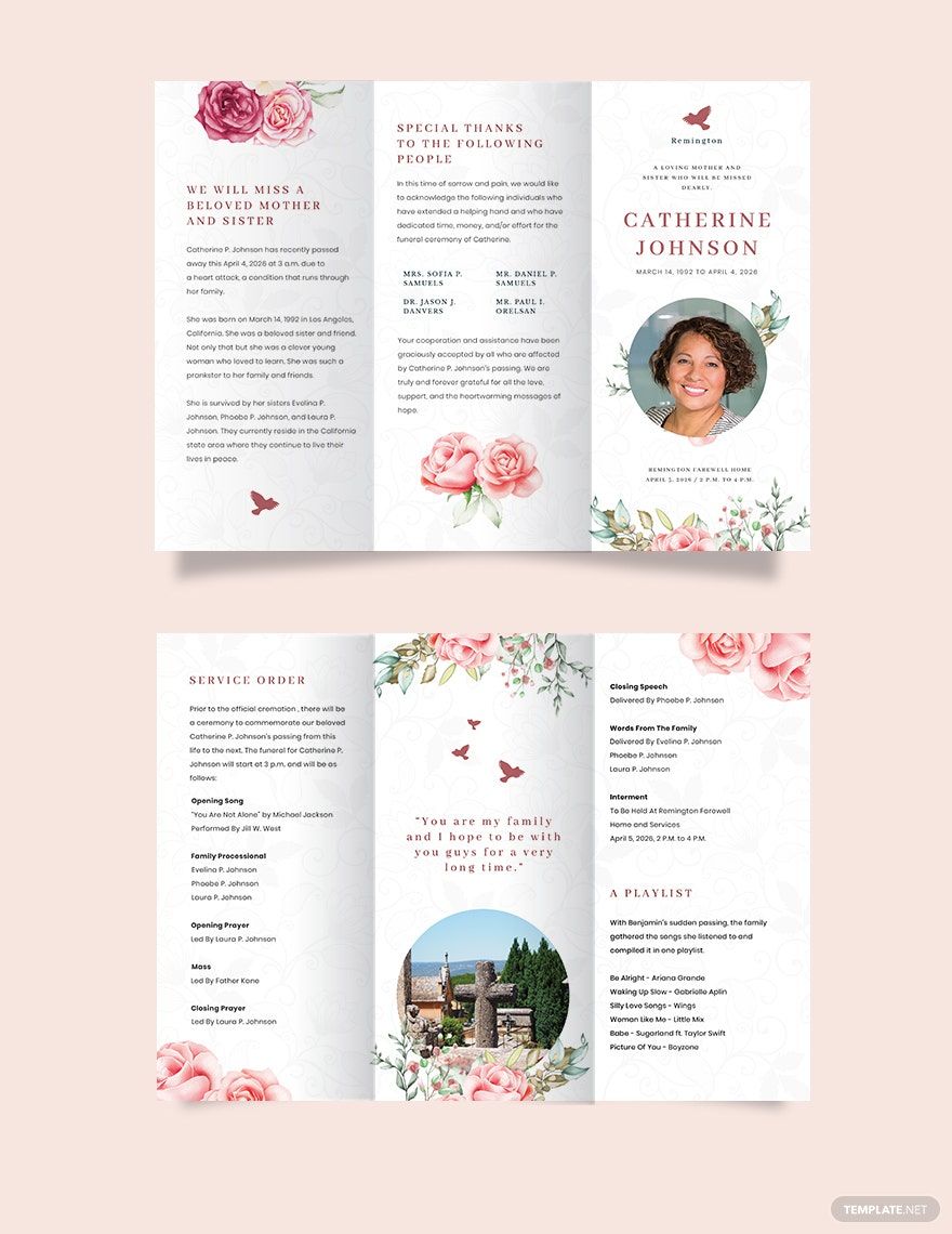 Floral Eulogy Funeral Tri-Fold Brochure Template