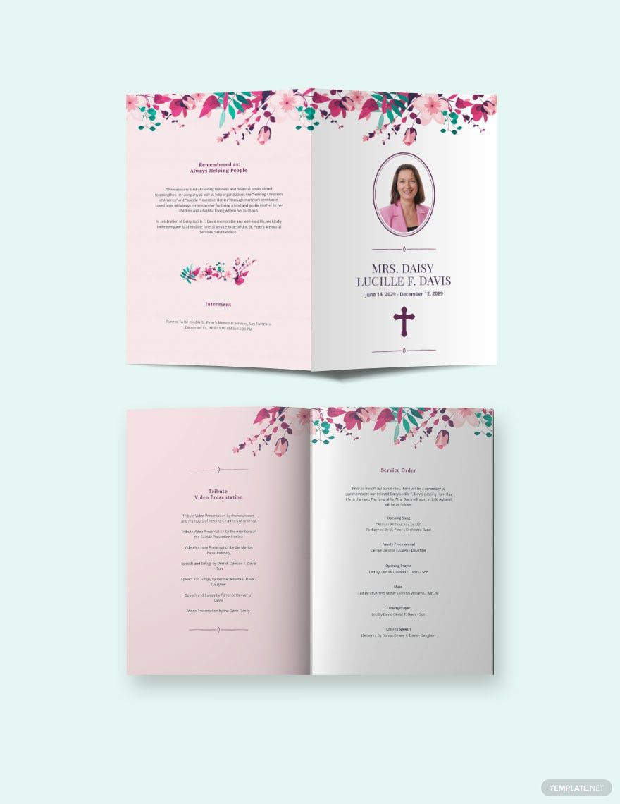 Floral Funeral Memorial Bi-Fold Brochure Template