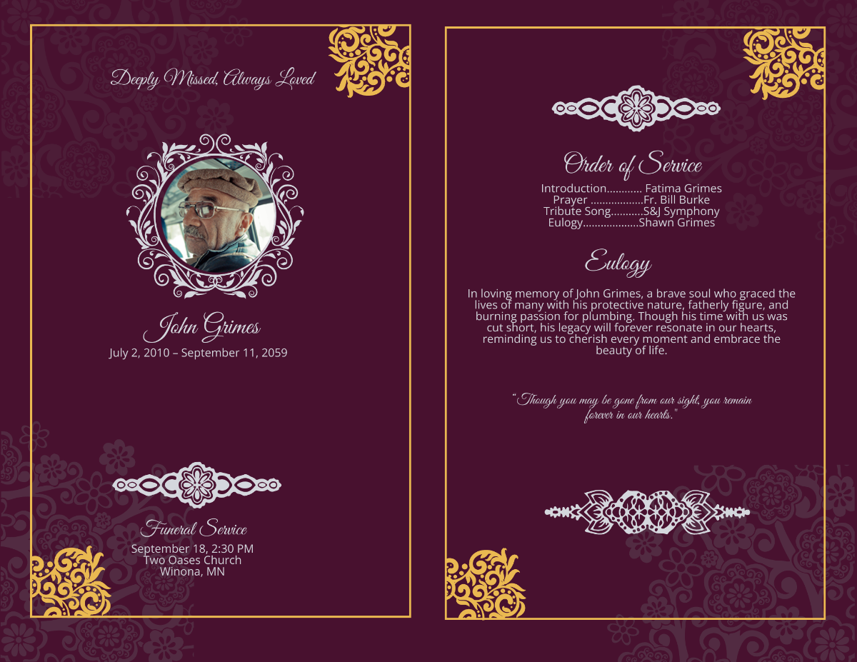 Eulogy Funeral Invitation Card
