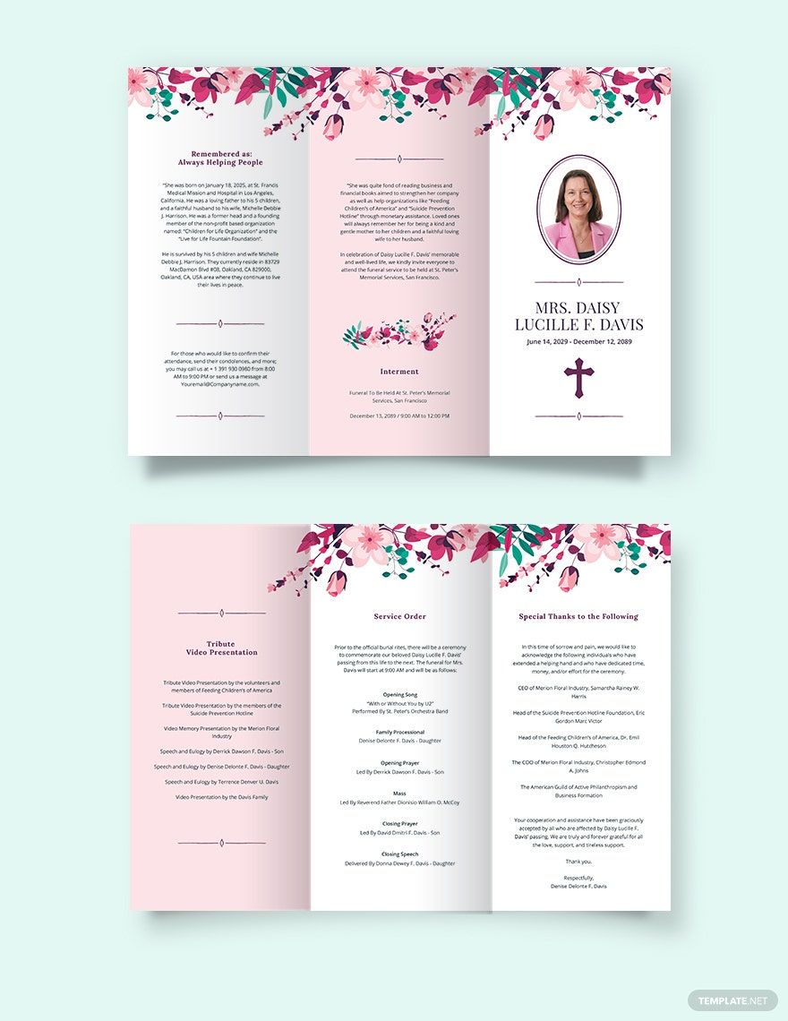 Free Floral Funeral Memorial Tri-Fold Brochure Template