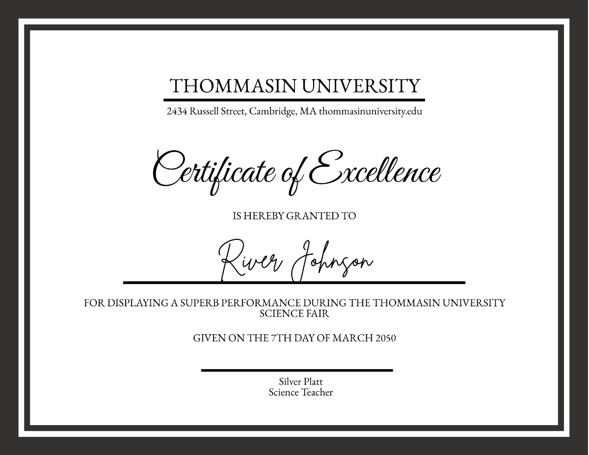 Excellence Certificate For Student