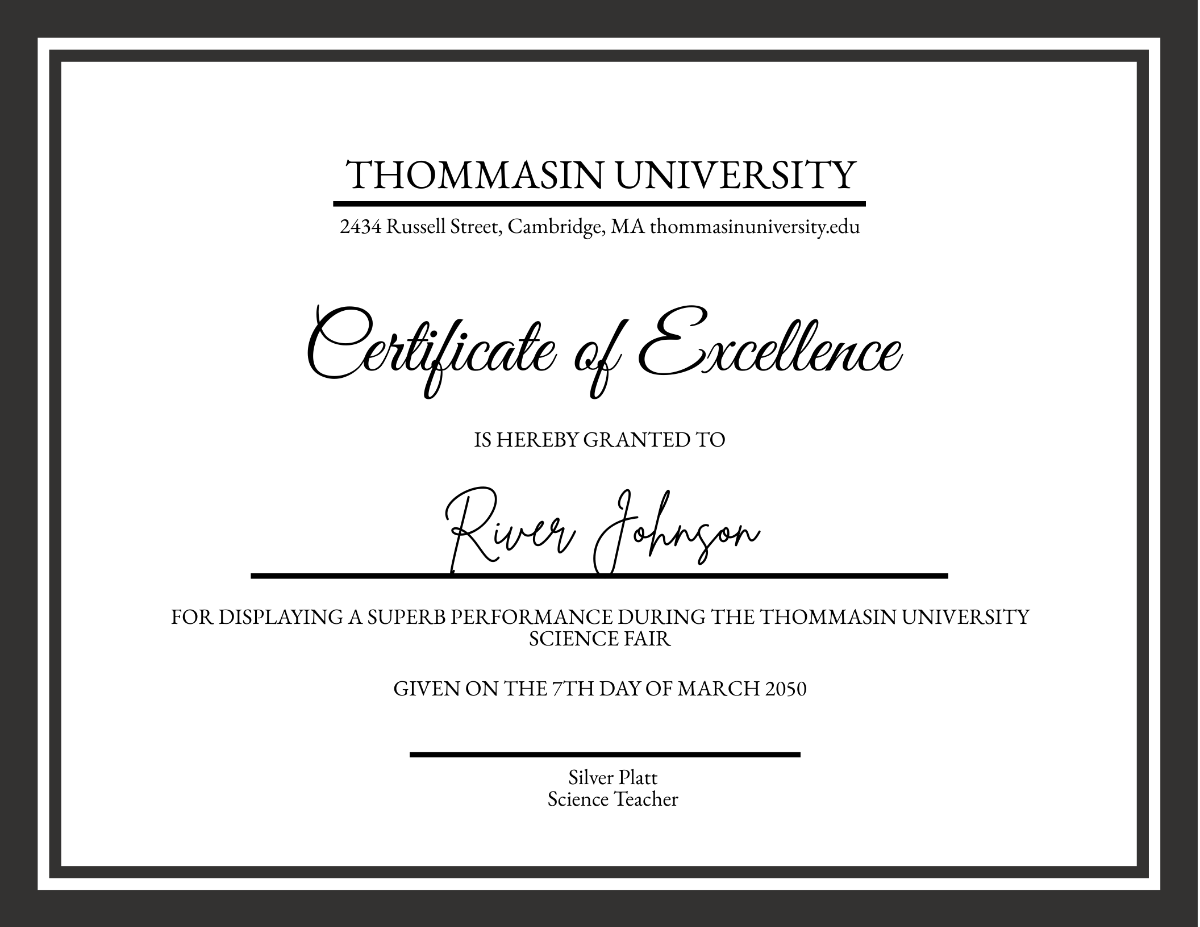 Excellence Certificate Template For Student
