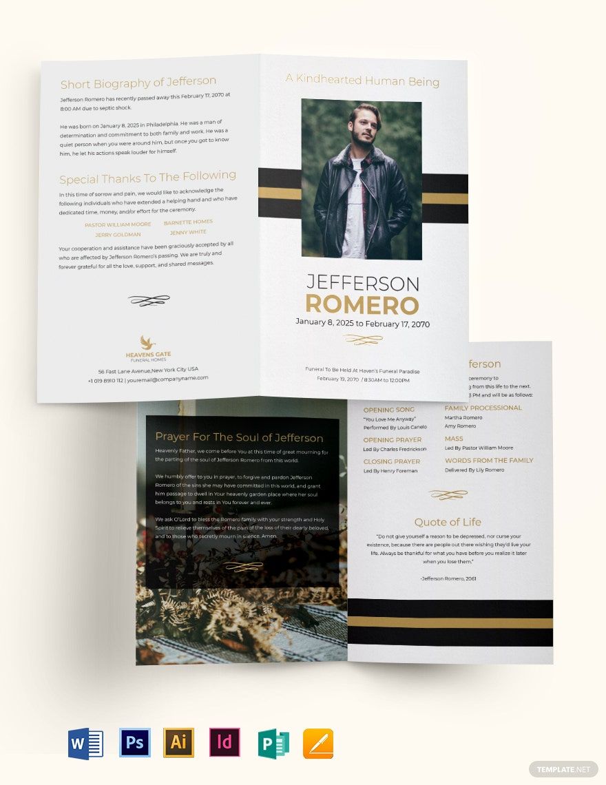 Funeral Program Booklet Bi-Fold Brochure Template in Word, Google Docs, Illustrator, PSD, Apple Pages, Publisher, InDesign