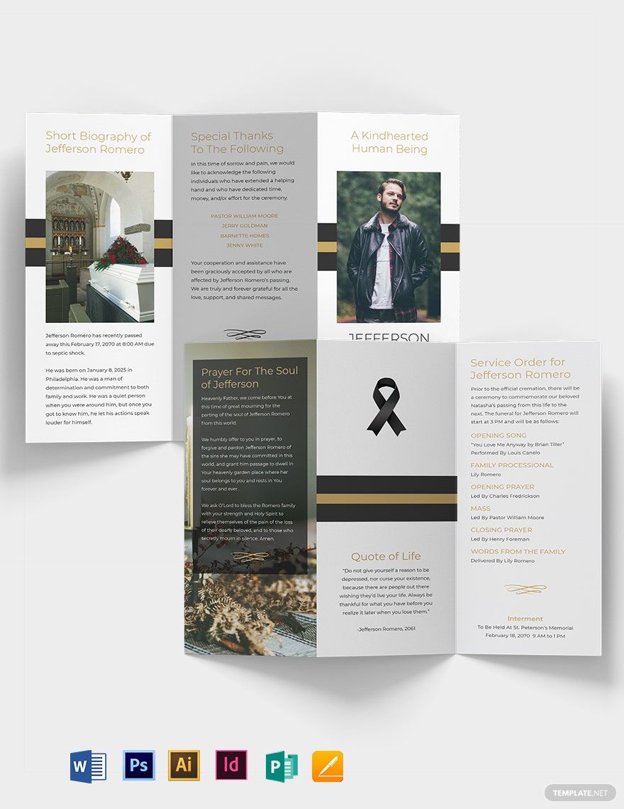 Funeral Program Booklet Tri-Fold Brochure Template in Word, Google Docs, Illustrator, PSD, Apple Pages, Publisher, InDesign