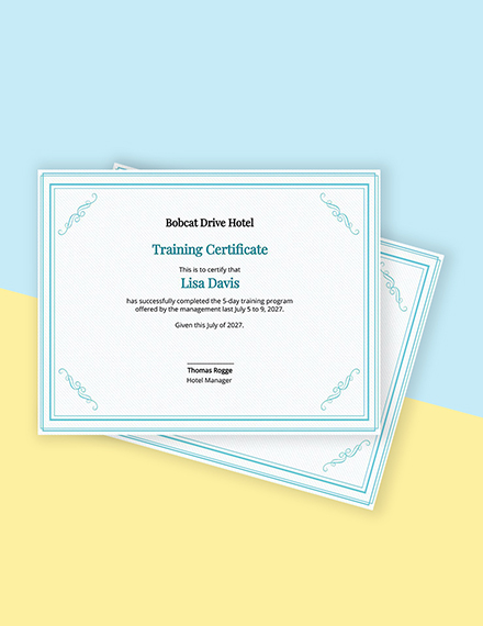 Hotel Training Certificate Template - Google Docs, Illustrator, Word, Outlook, Apple Pages, PSD, Publisher