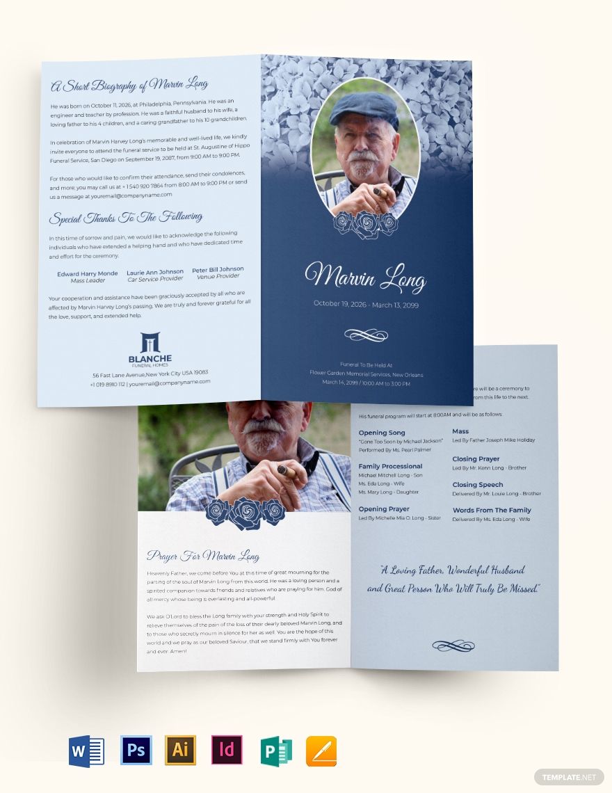 Printable Loving Memory Funeral Bi-Fold Brochure Template in Word, Google Docs, Illustrator, PSD, Apple Pages, Publisher, InDesign