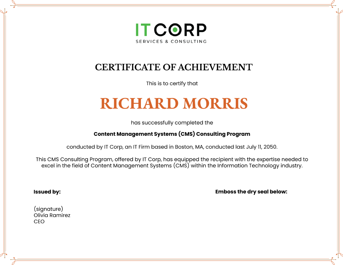 IT Content Management Systems (CMS) Consulting Certificate Template