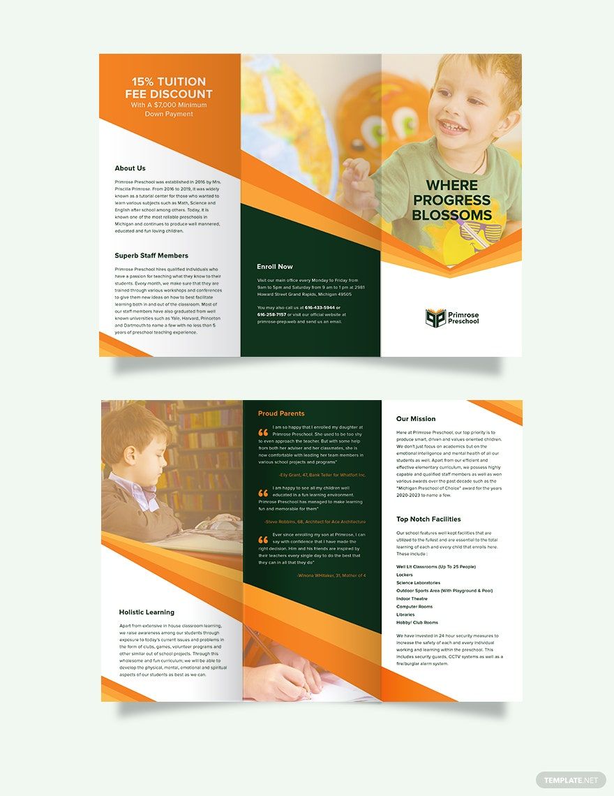 Free Primrose Preschool Tri-Fold Brochure Template in Word, Google Docs, Illustrator, PSD, Apple Pages, Publisher, InDesign