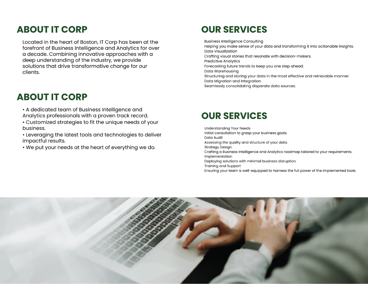 Free IT Business Intelligence & Analytics Consulting Company Profile Digital Brochure Template to Edit Online