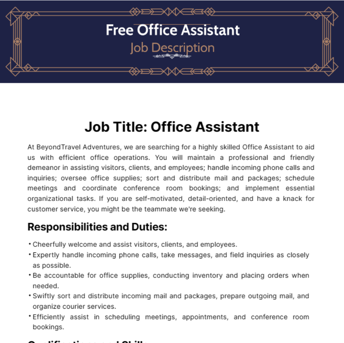 Free Office Assistant Job Description Template