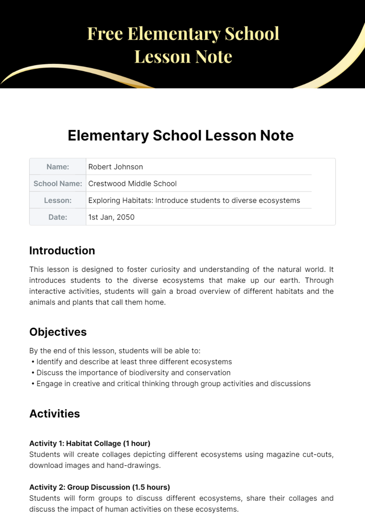 Elementary School Lesson Note Template - Edit Online & Download