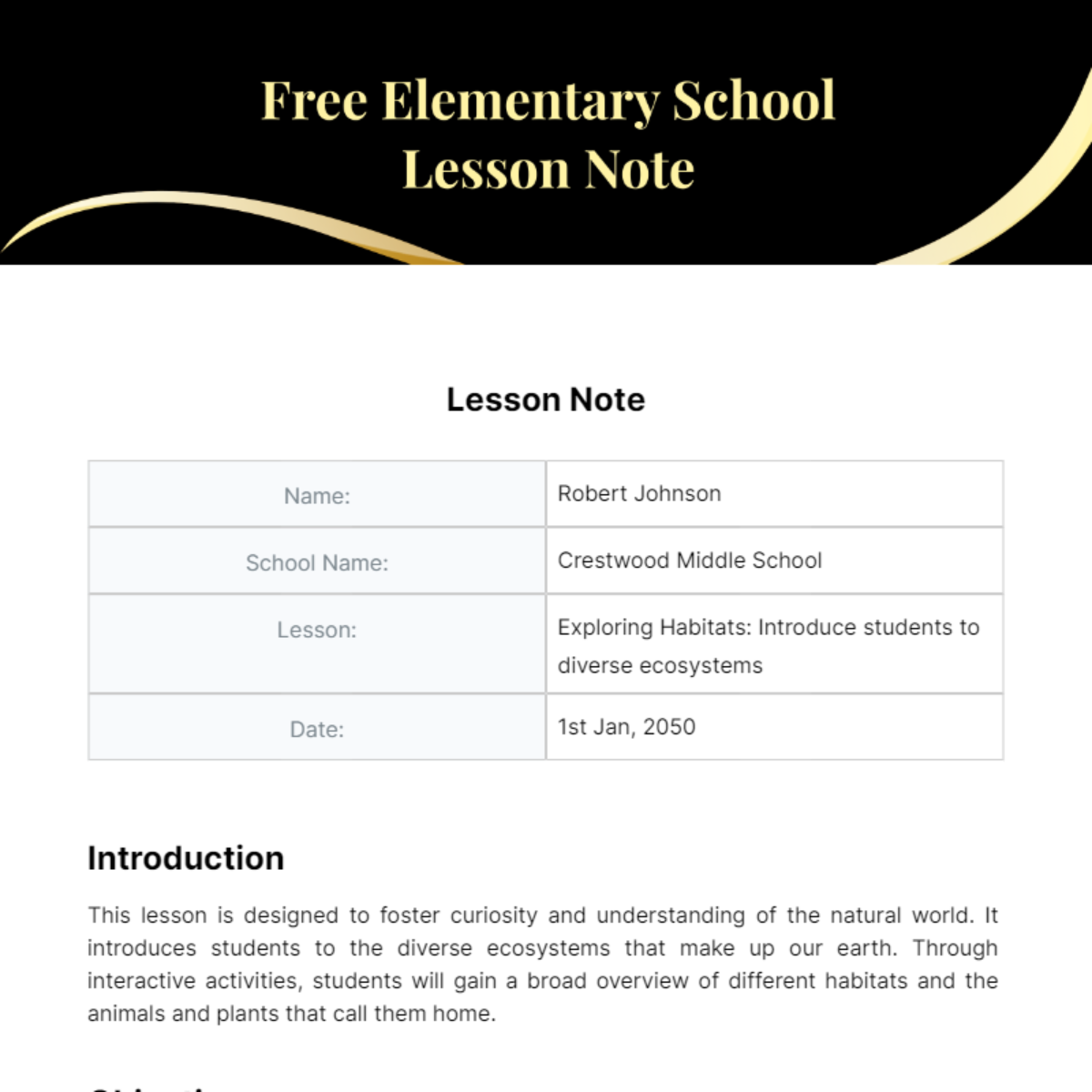 Elementary School Lesson Note Template