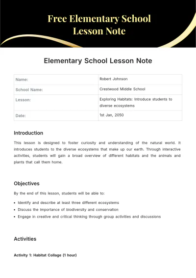 Free Elementary School Lesson Note Template to Edit Online