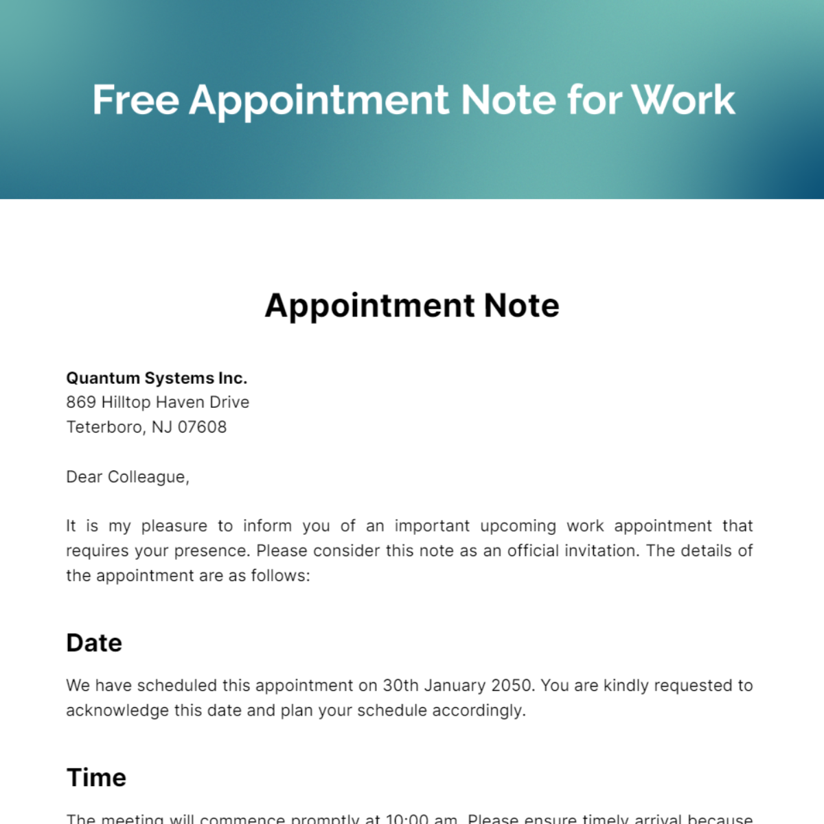 Appointment Note for Work Template