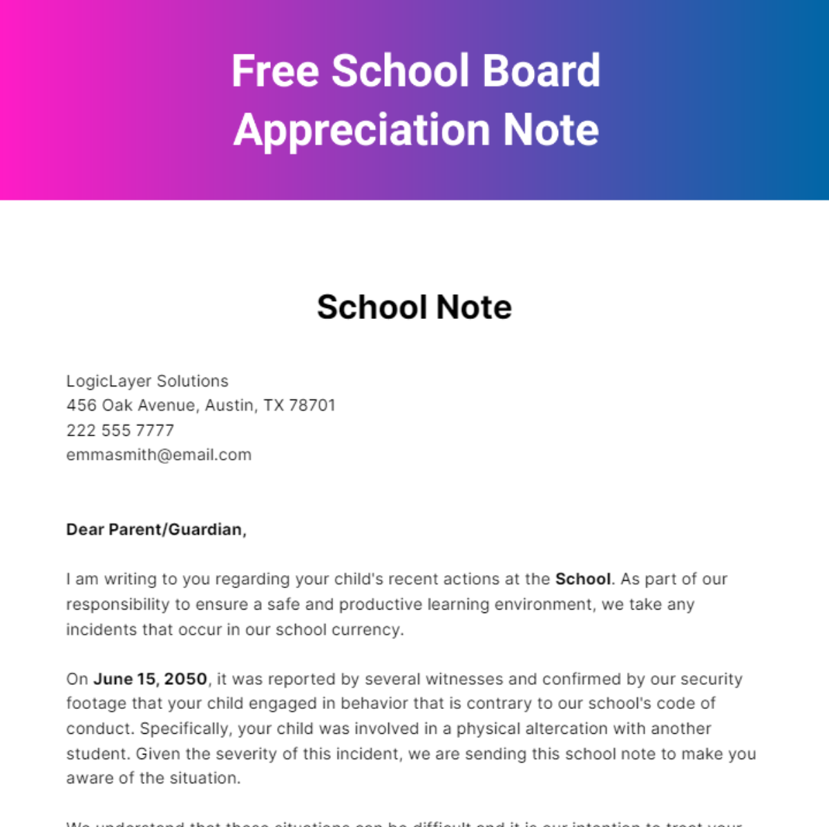 School Board Appreciation Note Template