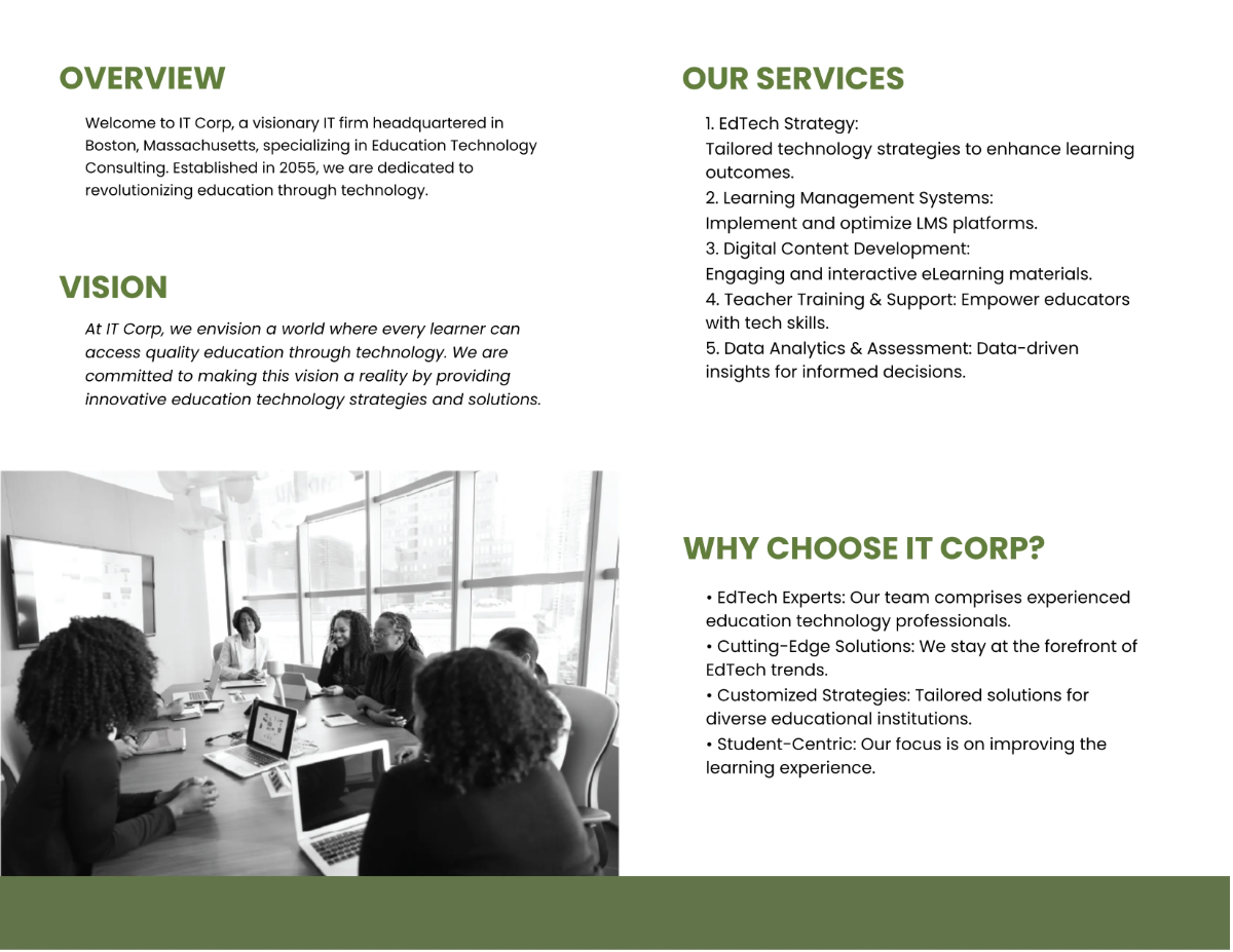 Free IT Education Technology Consulting Company Profile Digital Brochure Template to Edit Online