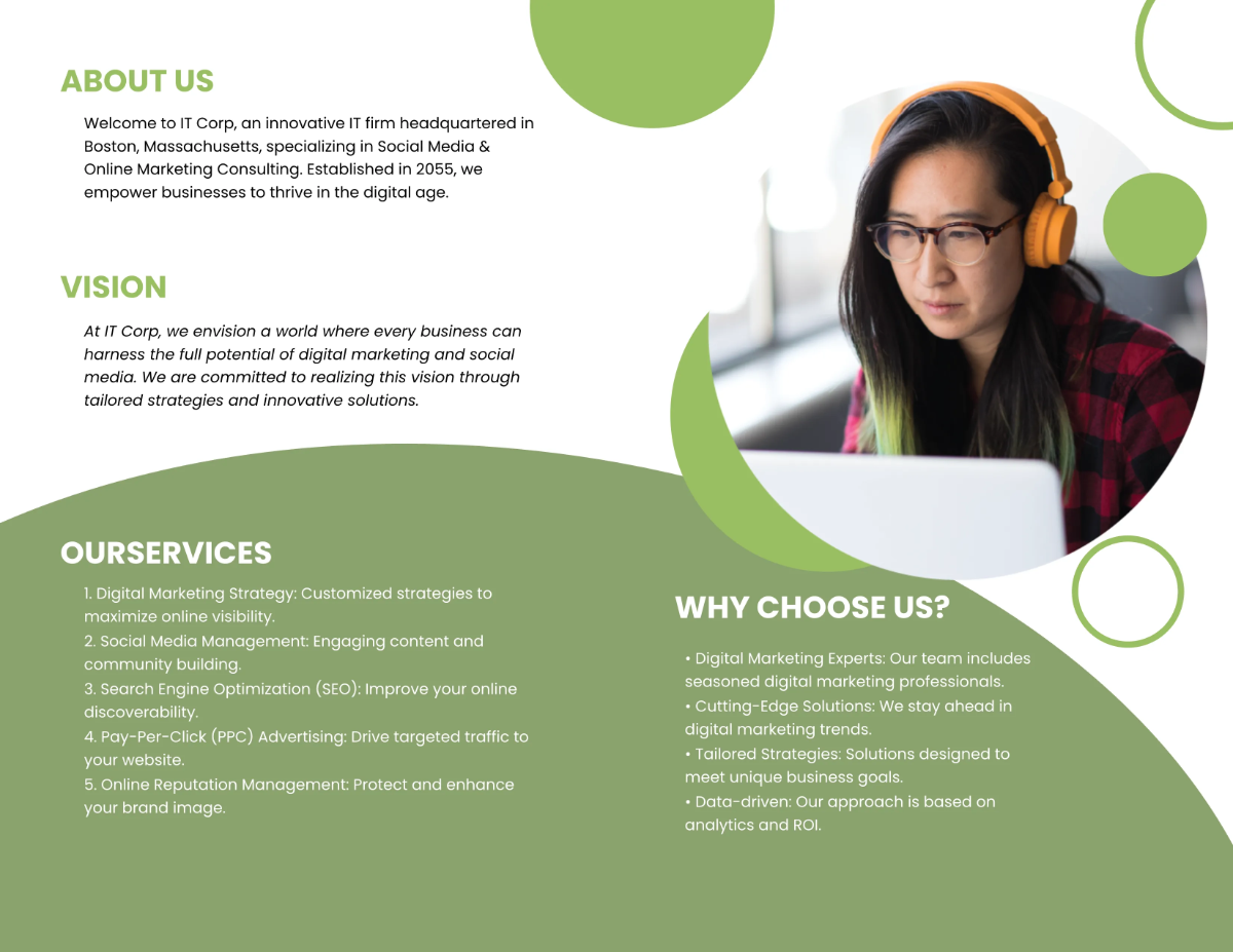 Free IT Social Media & Online Marketing Consulting Company Profile Digital Brochure Template to Edit Online