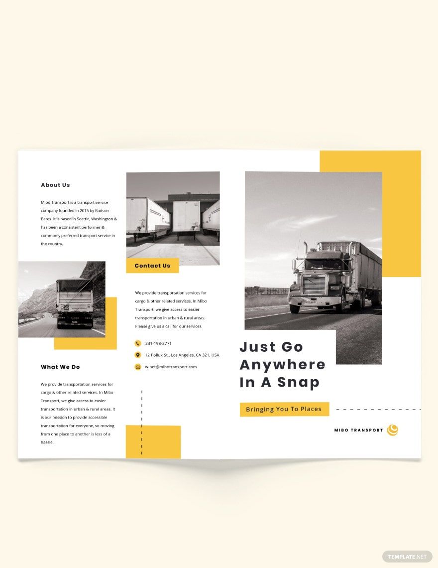 Automotive and Transportation Bi-fold Brochure Template in Word, Google Docs, Illustrator, PSD, Apple Pages, Publisher, InDesign