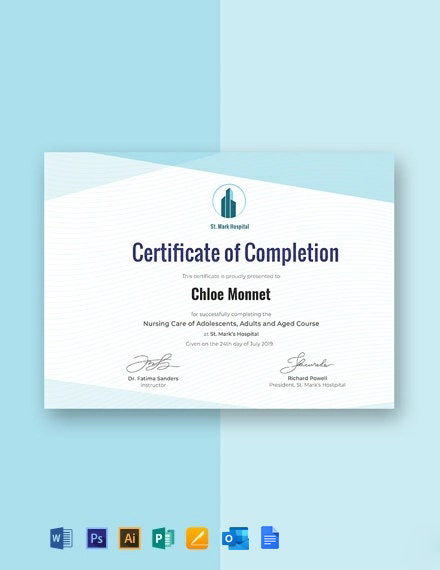 Nurse Training Certificate Template - Google Docs, Illustrator, Word, Outlook, Apple Pages, PSD, Publisher