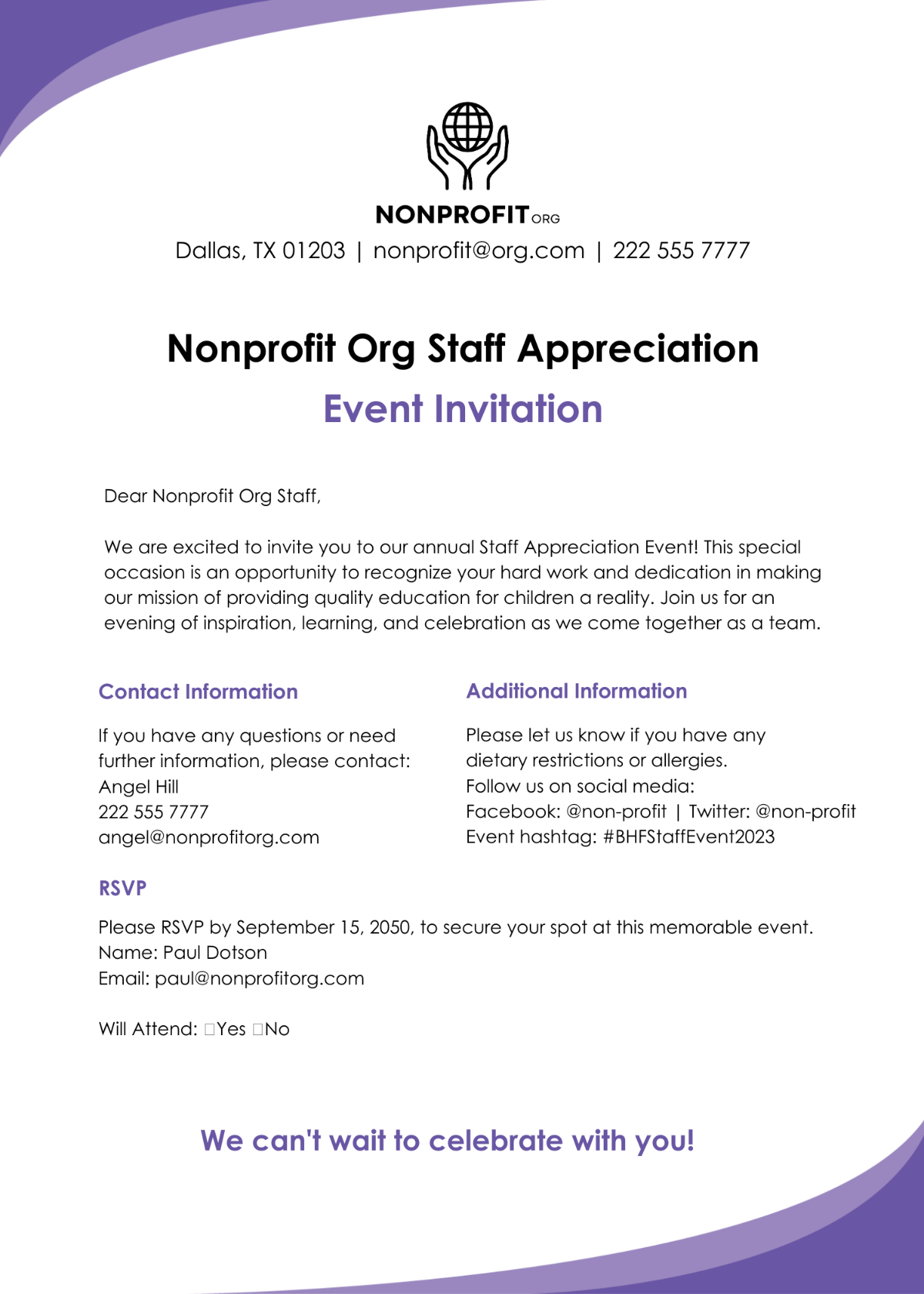 Nonprofit Organization Staff Event Invitation Template