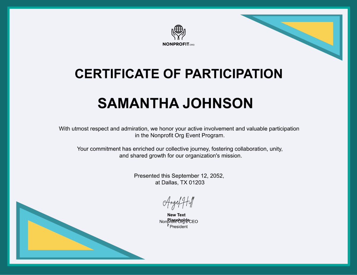 Nonprofit Organization Participant Certificate