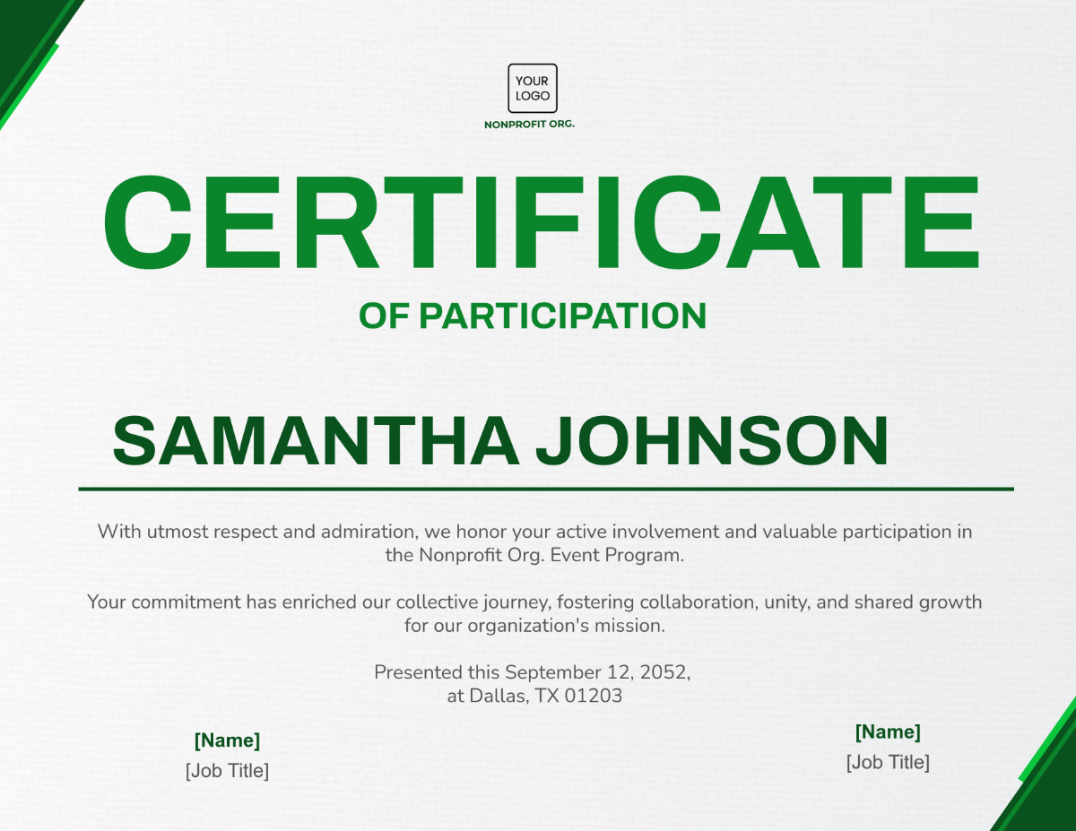 Free Nonprofit Organization Participant Certificate Template