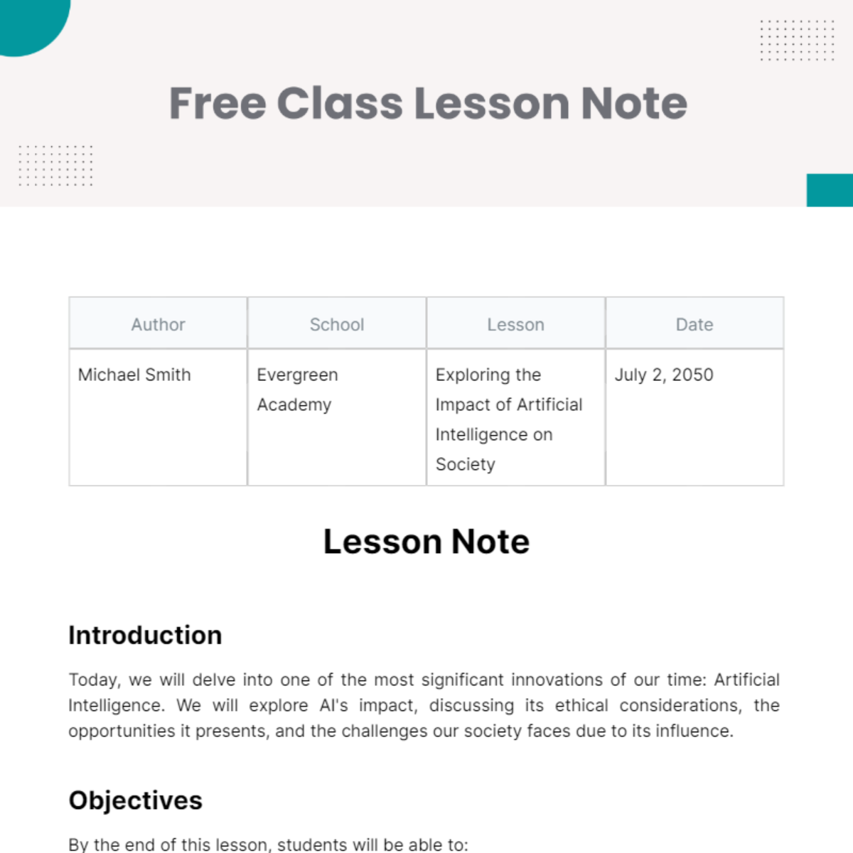 Free Class Lesson Note Template