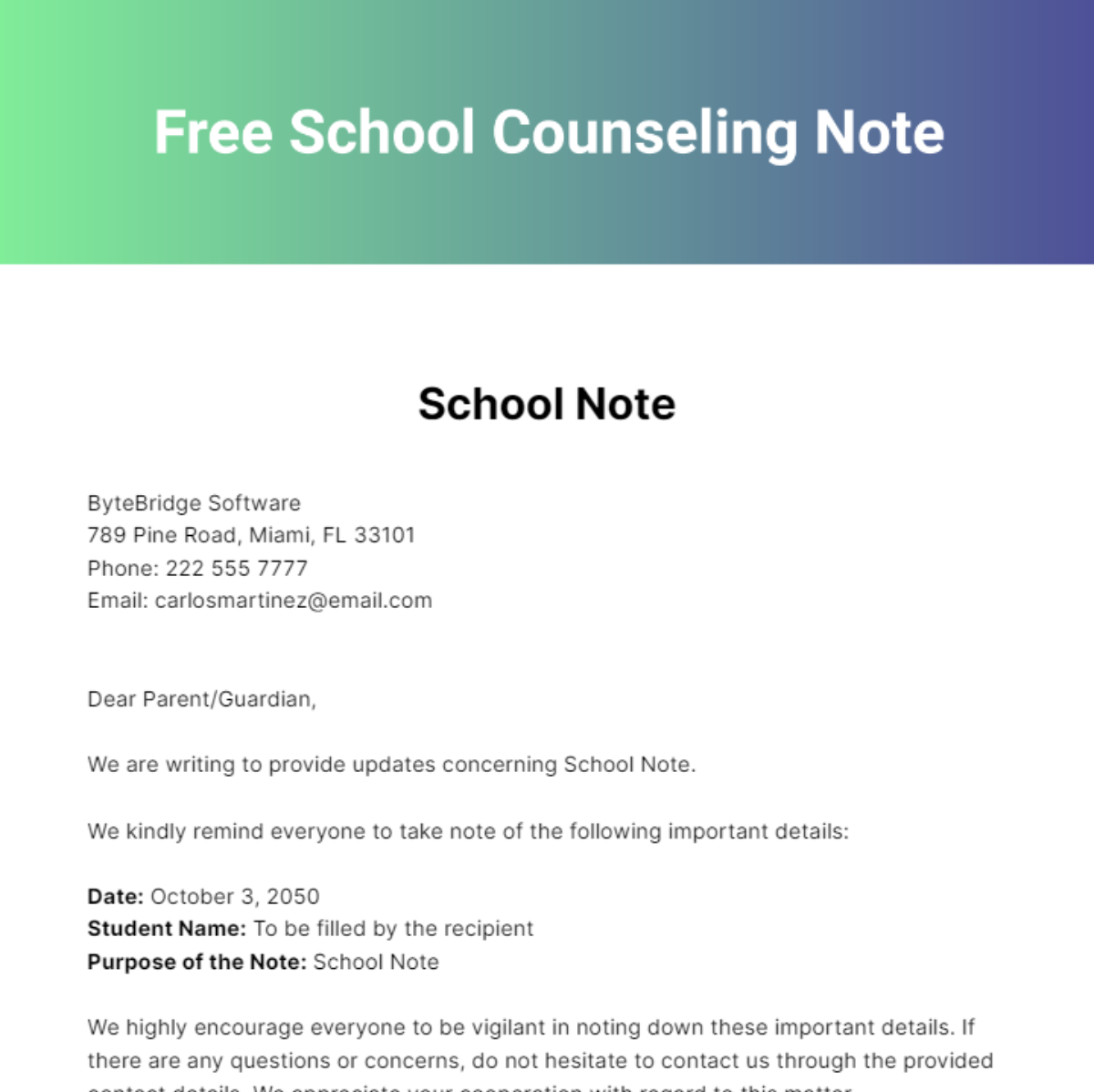 Free School Counseling Note Template