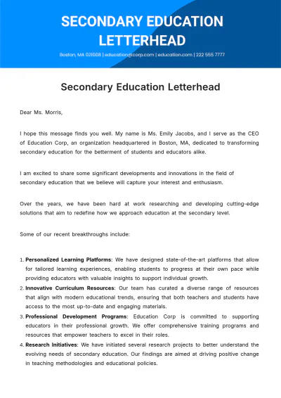Free Secondary Education Letterhead Template to Edit Online