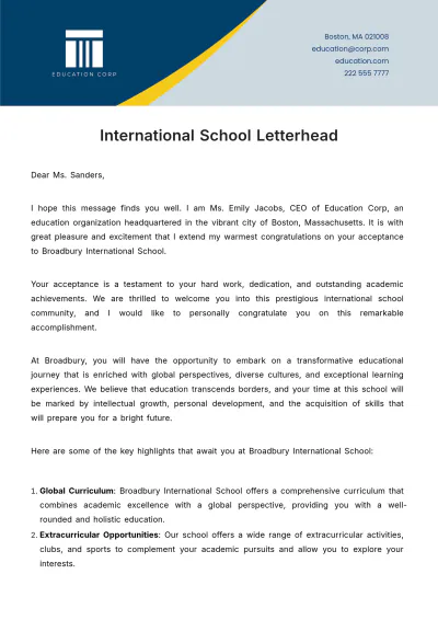 Free International School Letterhead Template to Edit Online