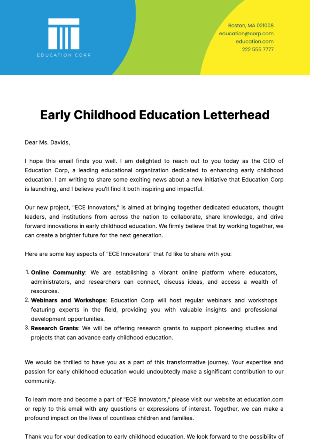 Early Childhood Education Letterhead Template
