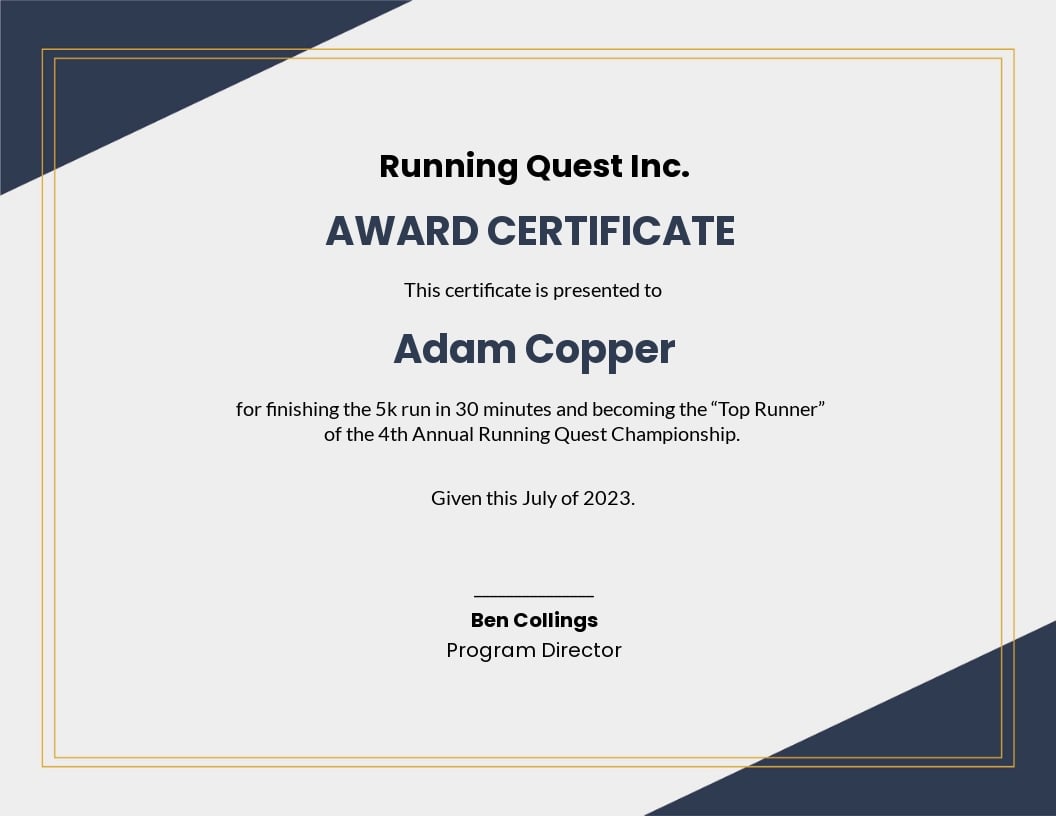 Running Award Certificate Template - Google Docs, Illustrator, Word, Outlook, Apple Pages, PSD, Publisher