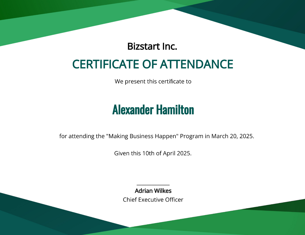 Editable Program Attendance Certificate