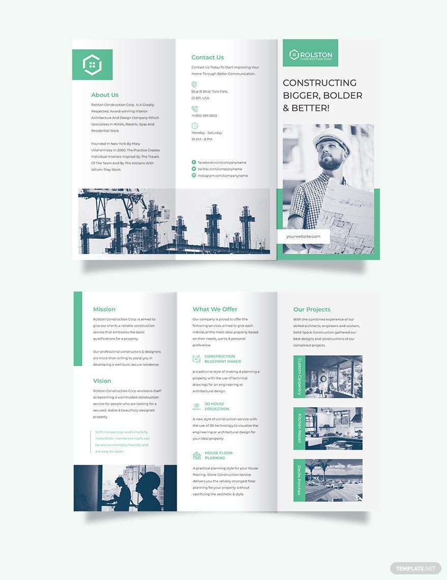 Construction Firm Tri-fold Brochure Template in Word, Google Docs, Illustrator, PSD, Apple Pages, Publisher, InDesign