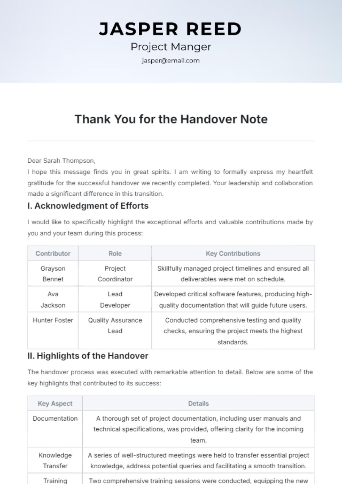 Thank you for Handover Note Template - Edit Online & Download