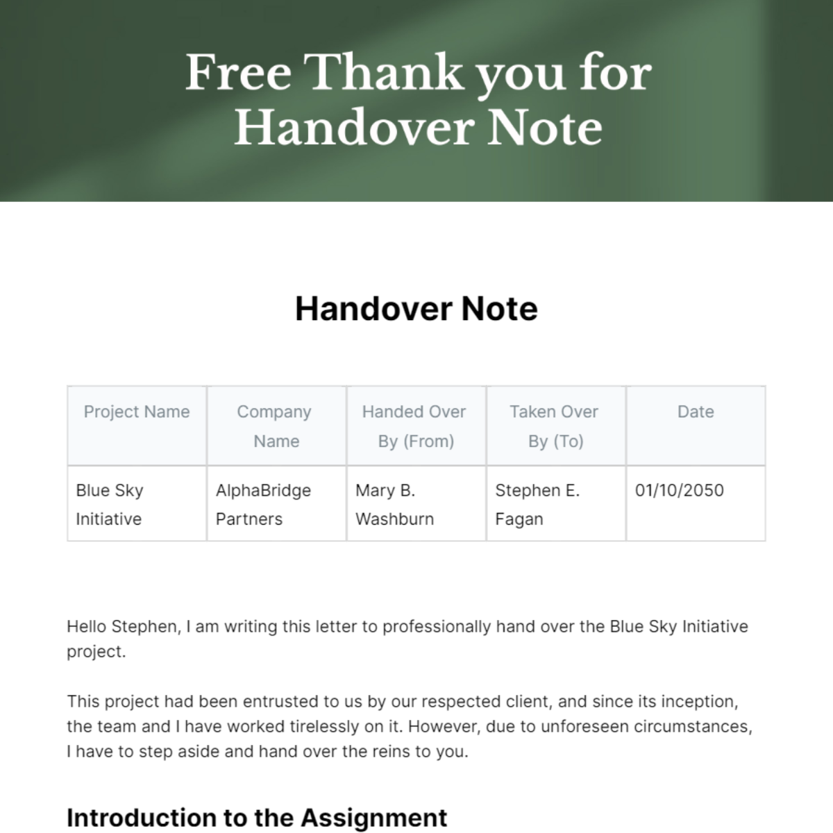 Free Thank you for Handover Note Template