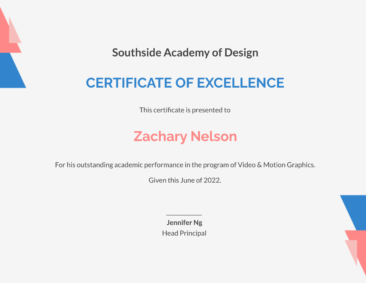 Academic Excellence Award Certificate