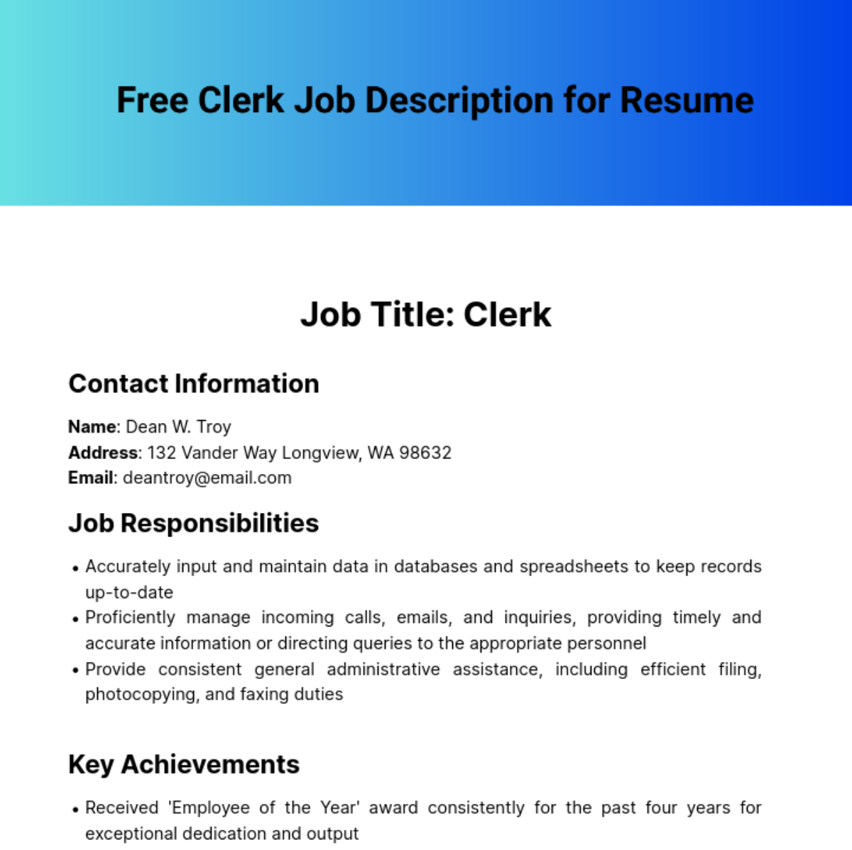 Clerk Job Description for Resume Template