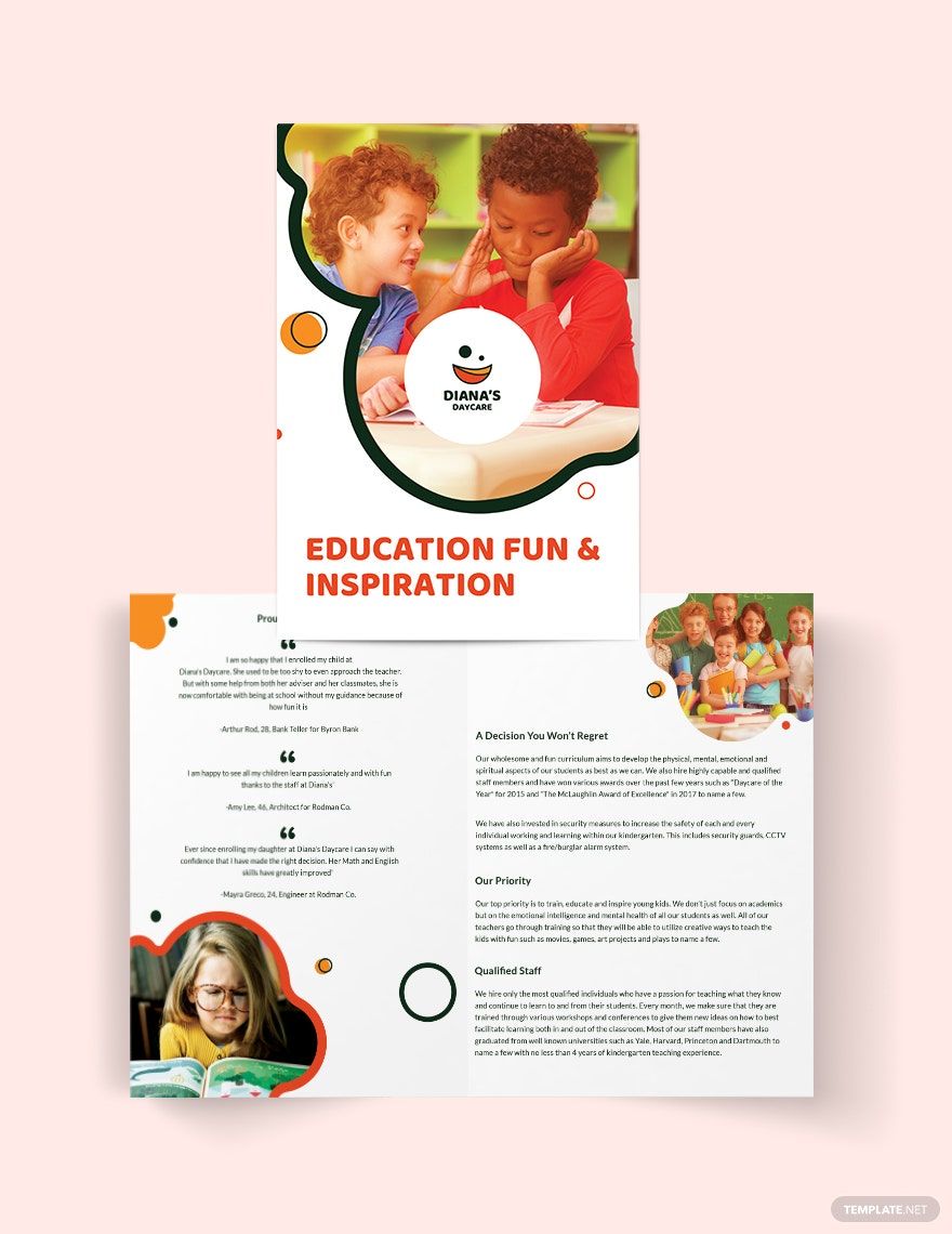 Diana's Daycare Bi-Fold Brochure Template in Word, Google Docs, Illustrator, PSD, Apple Pages, Publisher, InDesign