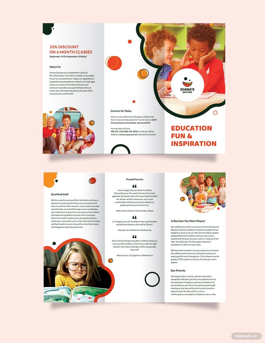 Diana's Daycare Tri-Fold Brochure Template in Word, Google Docs, Illustrator, PSD, Apple Pages, Publisher, InDesign