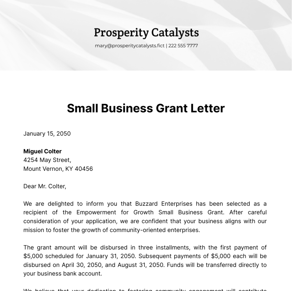 Small Business Grant Letter Template