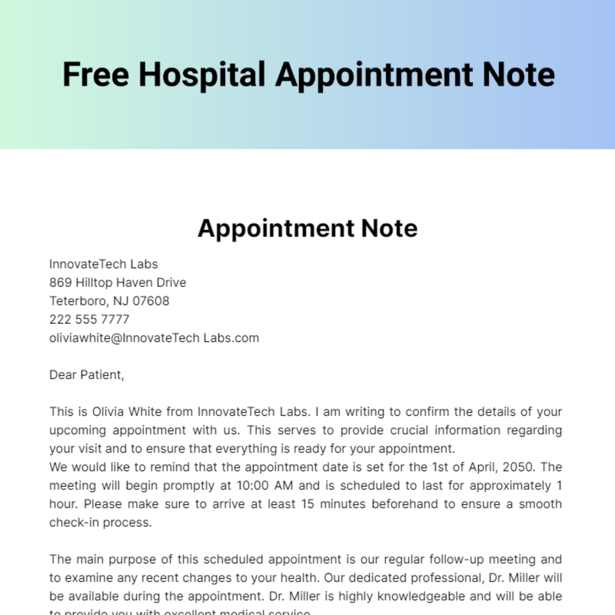Free Hospital Appointment Note Template