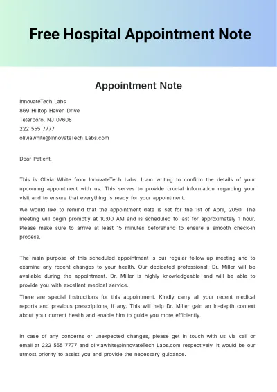 Free Hospital Appointment Note Template to Edit Online