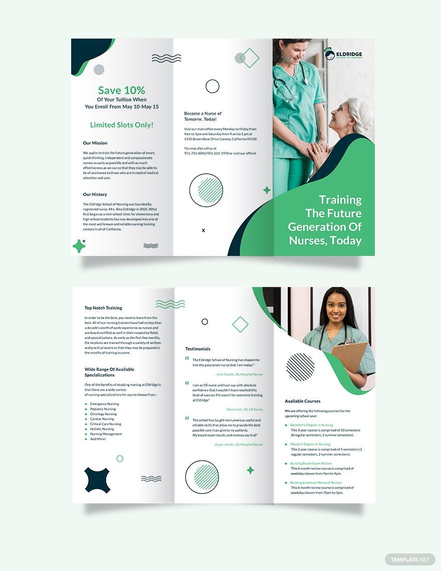 Eldridge School of Nursing Tri-Fold Brochure Template in Word, Google Docs, Illustrator, PSD, Apple Pages, Publisher, InDesign