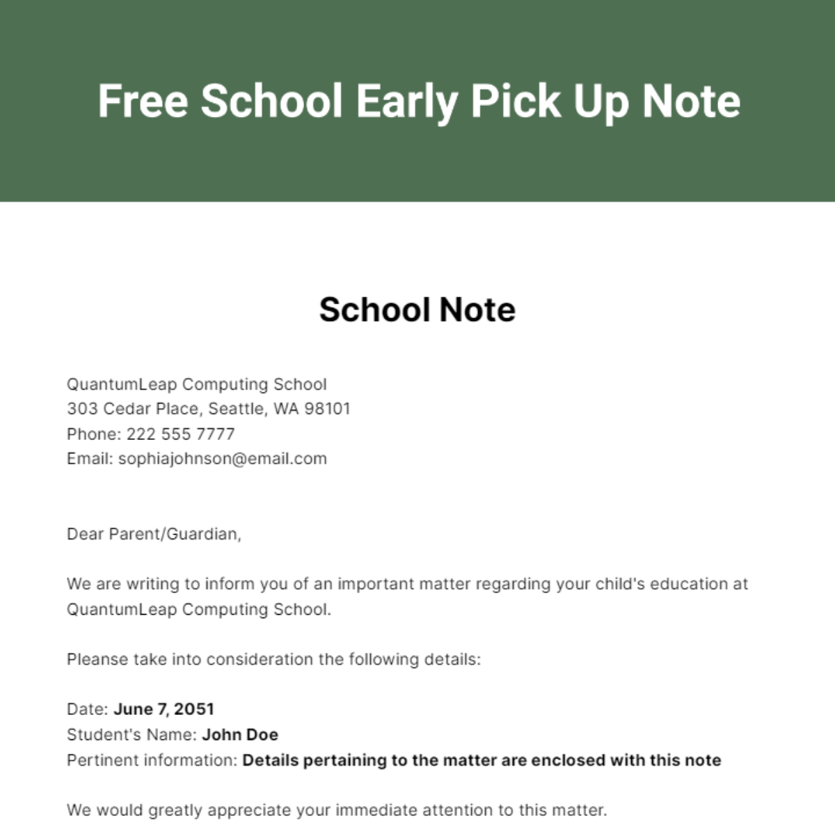 School Early Pick Up Note Template