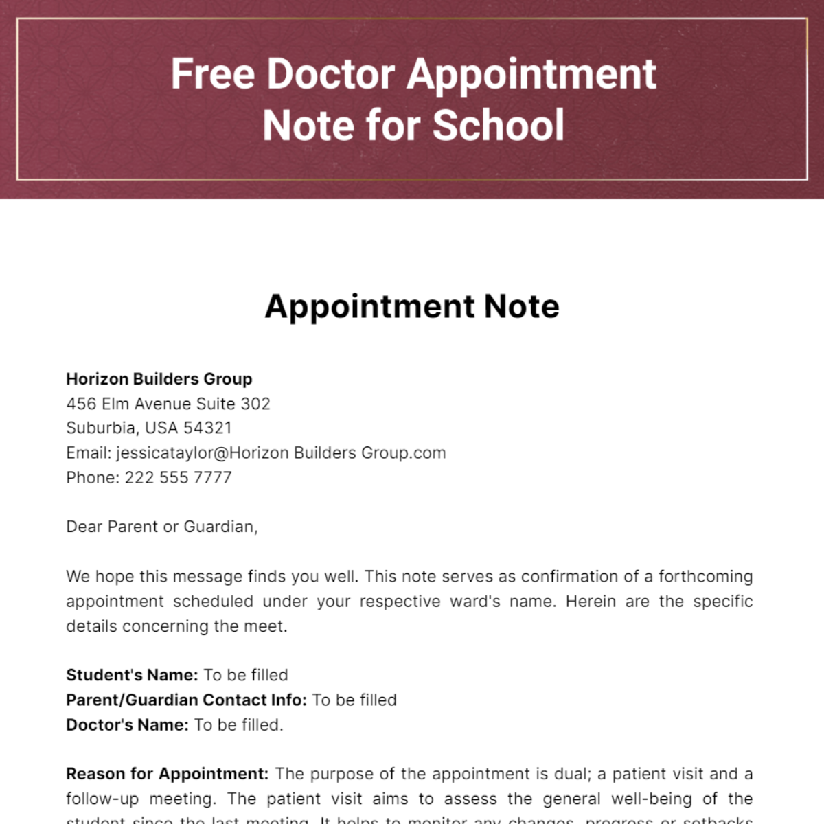 Free Doctor Appointment Note for School Template