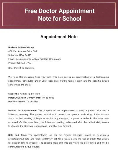 Free Doctor Appointment Note for School Template to Edit Online